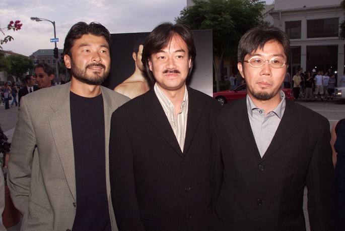 Jun Aida, Hironobu Sakaguchi and Motonori Sakakibara attend the premiere of 'Final Fantasy: The Spirits Within' at the Bruin Theater on July 2, 2001.