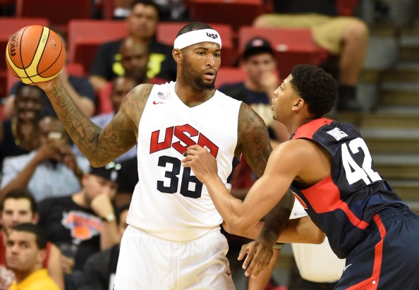 DeMarcus Cousins of the 2014 USA Basketball Men's National Team is guarded by Anthony Davis of the 2014 USA Basketball Men's National Team during a USA Basketball showcase at the Thomas & Mack Center on August 1, 2014 in Las Vegas, Nevada.
