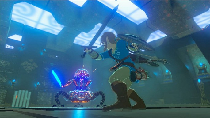 Link fights a temple Guardian in 'The Legend of Zelda: Breath of the Wild.'