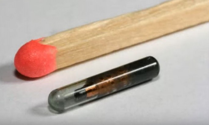 An implantable device is compared with a matchstick for the size difference.