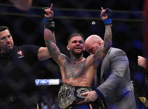 Cody Garbrandt reacts to his victory over Dominick Cruz in their UFC bantamweight championship bout during the UFC 207 event on December 30, 2016 in Las Vegas, Nevada.