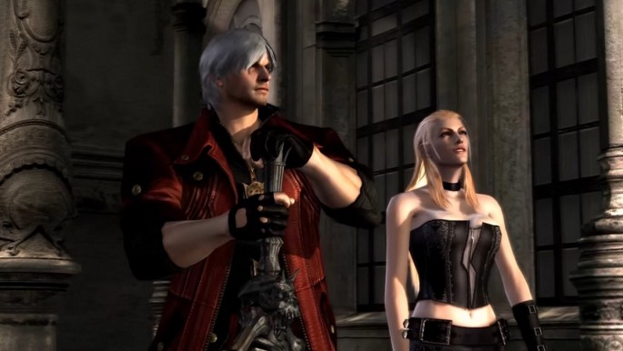 Dante and Trish facing an unseen opponent in the 'Devil May Cry HD Collection.'