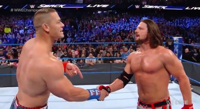 John Cena comes face to face with his Royal Rumble opponent AJ Styles on an episode of WWE Smackdown.