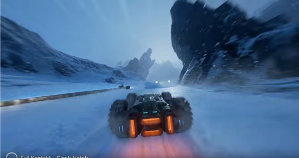 A "GRIP" vehicle races on the hostile icy planet to reach the goal.