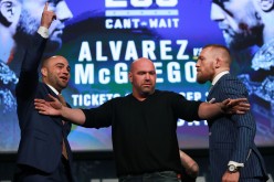 Conor McGregor and Eddie Alvarez face-off as UFC president Dana White breaks them up at the UFC 205 press conference at The Theater at Madison Square Garden on September 27, 2016 in New York City.