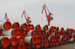 Steel pipes for shipment and export are piled up at Lianyungang Port in Lianyungang, Jiangsu Province.
