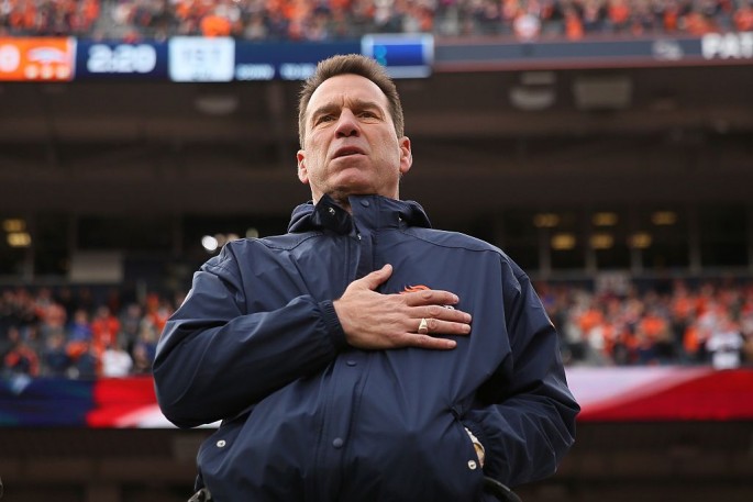  Head coach Gary Kubiak of the Denver Broncos during the National Anthem before the game against the Oakland Raiders at Sports Authority Field at Mile High on January 1, 2017 in Denver, Colorado. 