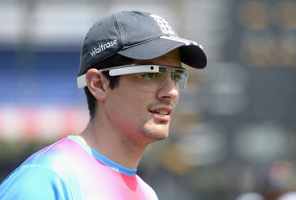 England cricket captain Alistair cook wearing a pair of smart glasses during an England nets session in Sri Lanka.