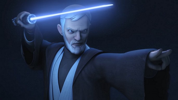 Obi-Wan Kenobi preparing to fight Darth Maul in the 'Star Wars Rebels' Season 3 midseason premiere.