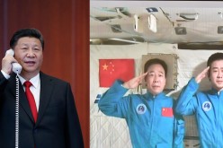 Combination photo of President Xi Jinping as he talks with astronauts Jing Haipeng and Chen Dong.