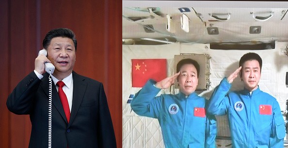 Combination photo of President Xi Jinping as he talks with astronauts Jing Haipeng and Chen Dong.