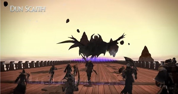 "Final Fantasy XIV" characters fight off a large boss in the Dun Scaith dungeon raid.