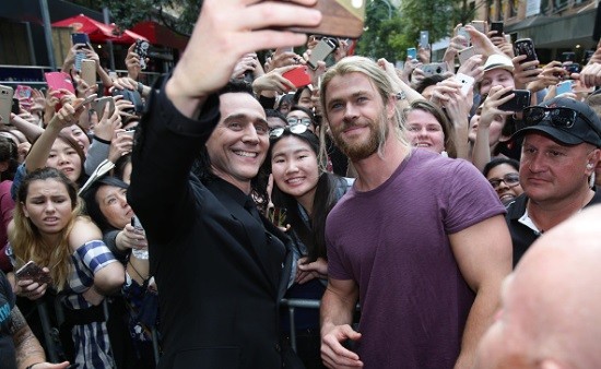Actors Tom Hiddleston and Chris Hemsworth meet fans whilst on set filming 'Thor: Ragnarok' in Brisbane, Queensland.