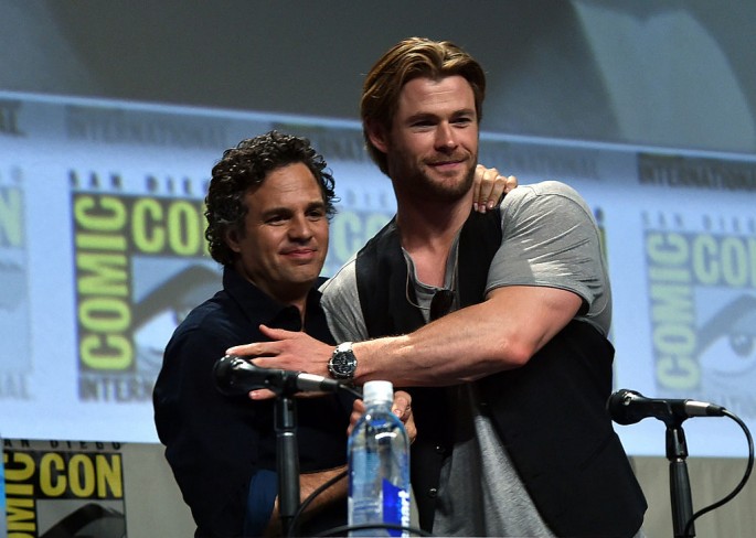Actors Mark Ruffalo and Chris Hemsworth, who play Hulk and Tgor respectively, onstage at Marvel's Hall H Panel for 'Avengers: Age Of Ultron' during Comic-Con International 2014 on July 26, 2014 in San Diego, California.