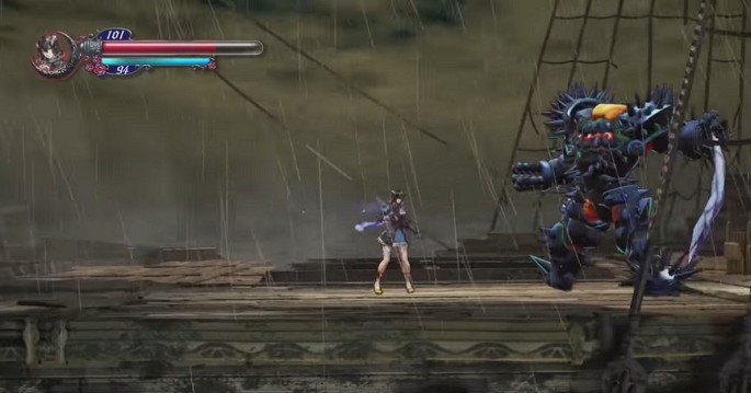 The main protagonist of 'Bloodstained: Ritual of the Night,' Miriam, battling an animated armor atop a wrecked ship.