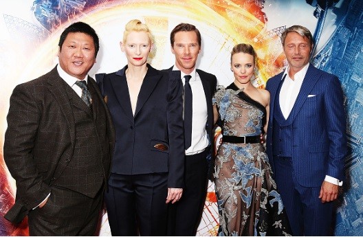 Benedict Wong, Tilda Swinton, Benedict Cumberbatch, Rachel McAdams and Mads Mikkelsen attend the fan screening event for 'Doctor Strange' on October 24, 2016 in London, United Kingdom.