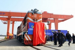 The inauguration ceremony of China-Europe Block Train (Yiwu-Madrid) at Yiwu Railway Freight Station.