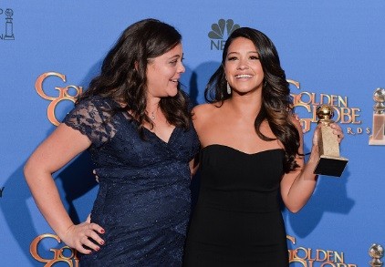 Actress Gina Rodriguez (R), winner of Best Actress in a TV Series, Musical or Comedy for 'Jane the Virgin,' and sister Ivelisse Rodriguez pose in the press room during the 72nd Annual Golden Globe Awards at The Beverly Hilton Hotel on January 11, 2015 in 