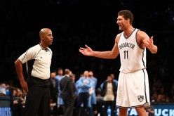 Brook Lopez of the Brooklyn Nets argues a call during their game against the Denver Nuggets at Barclays Center on December 7, 2016 in New York City. 