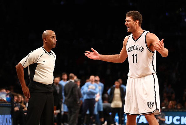 Brook Lopez of the Brooklyn Nets argues a call during their game against the Denver Nuggets at Barclays Center on December 7, 2016 in New York City. 