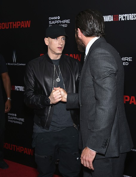 Eminem and Jake Gyllenhall attend the 'Southpaw' New York Premiere at AMC Loews Lincoln Square on July 20, 2015 in New York City