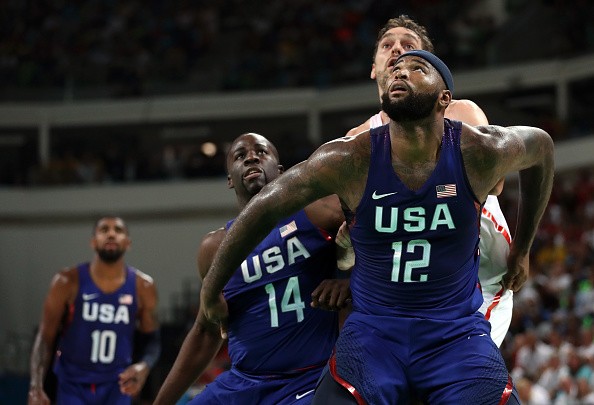 Demarcus Cousins and Draymond Green of United States box out Pau Gasol of Spain during the Men's Semifinal match on Day 14 of the Rio 2016 Olympic Games at Carioca Arena 1 on August 19, 2016 in Rio de Janeiro, Brazil.