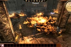 The player party fighting enemies in a flame-filled room in 'Dragon Age: Origins.'