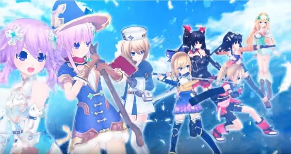 The four main protagonists with their equivalent goddesses preparing for battle against a certain enemy in "Four Goddesses Online: Cyber Dimension Neptune."