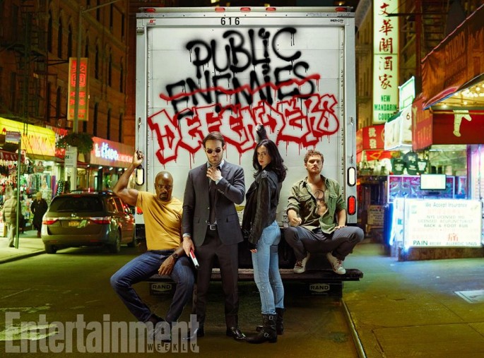 The Defenders Netflix series starring Charlie Cox, Krysten Ritter, Mike Colter and Finn Jones.