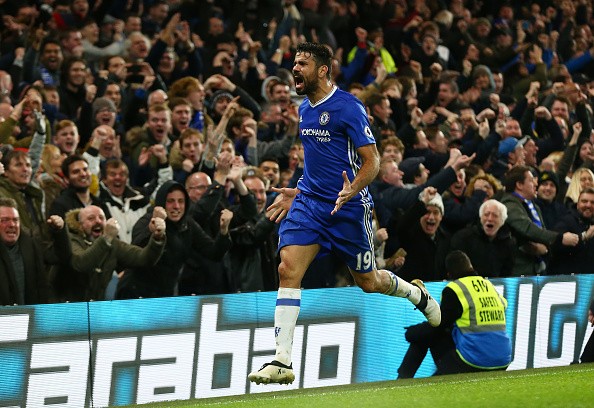 Diego Costa celebrates after scoring against Stoke City in their match last Dec. 31, 2016.