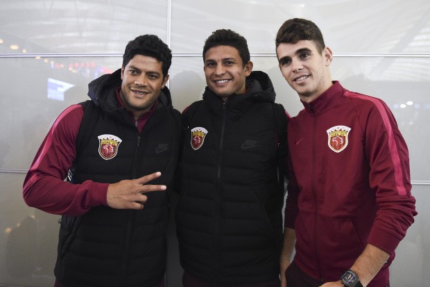 Oscar (far right) joins Hulk (left) and Elkeson as imports for Chinese Super League club Shanghai SIPG.