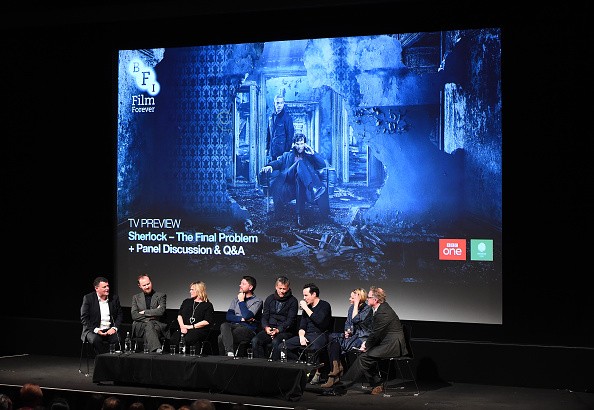 Steven Moffat, Mark Gatiss, Sue Vertue, Benjamin Caron, Rupert Graves, Andrew Scott and Sian Brooke during Q&A for episode three preview screening of 'Sherlock' at BFI Southbank on January 12, 2017 in London, England.