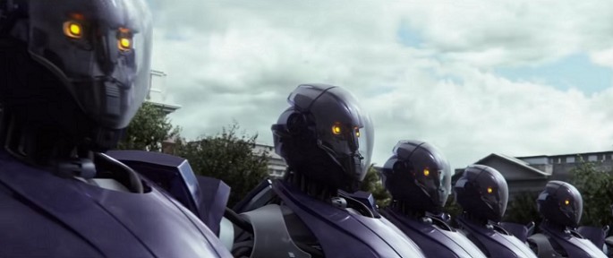 A line of Sentinels being unveiled to the public in 'X-Men: Days of Future Past.'