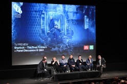 Steven Moffat, Mark Gatiss, Sue Vertue, Benjamin Caron, Rupert Graves, Andrew Scott and Sian Brooke during Q&A for episode three preview screening of 'Sherlock' 