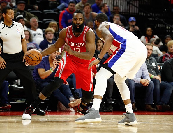 James Harden of the Houston Rockets plays against the Detroit Pistons at the Palace of Auburn Hills on November 21, 2016 in Auburn Hills, Michigan. 