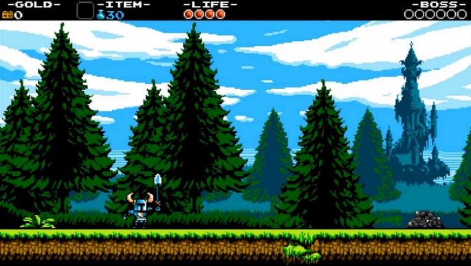 The titular Shovel Knight posing at the beginning of a level in 'Shovel Knight.'