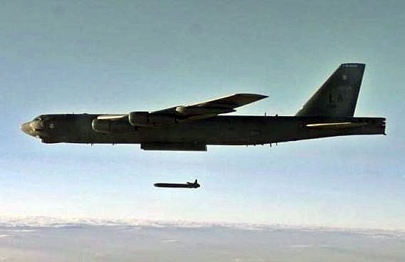 A B-52H Stratofortress unleashes an unarmed AGM-86B Air-Launched Cruise Missile during a test.           