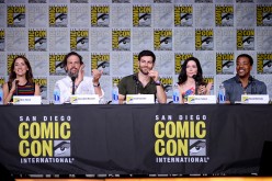 (L-R) Bree Turner, Silas Weir Mitchell, David Giuntoli, Bitsie Tulloch, and Russell Hornsby attend the 'Grimm' panel during Comic-Con International 2016 held on July 23, 2016 in San Diego, California.