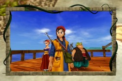 The unnamed hero of 'Dragon Quest 8: Journey of the Cursed King' stands on a ship with his companions, Jessica and Yangus.