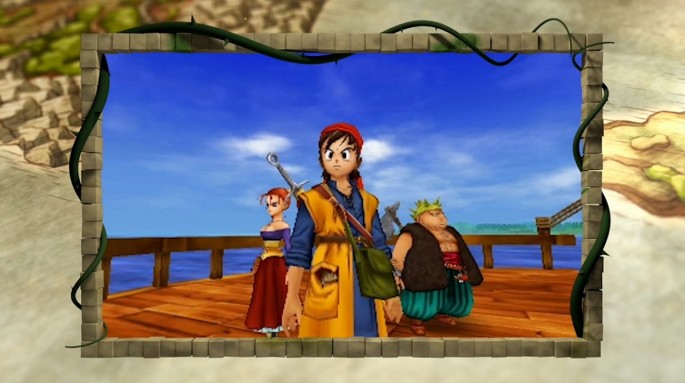 The unnamed hero of 'Dragon Quest 8: Journey of the Cursed King' stands on a ship with his companions, Jessica and Yangus.