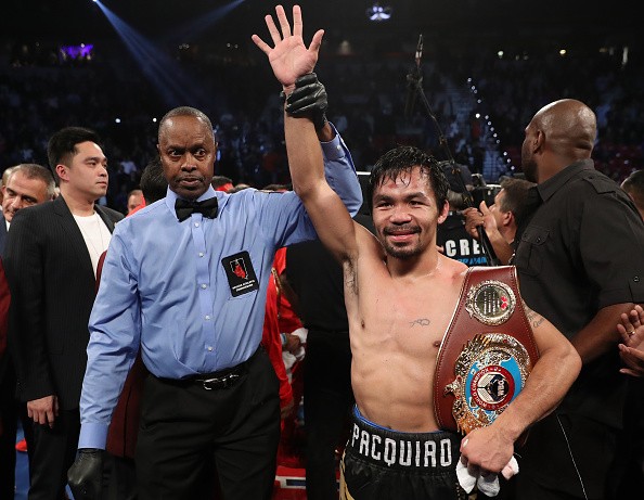 Manny Pacquiao of the Philippines poses after his unanimous-decision victory over Jessie Vargas at the Thomas & Mack Center on November 5, 2016 in Las Vegas, Nevada.