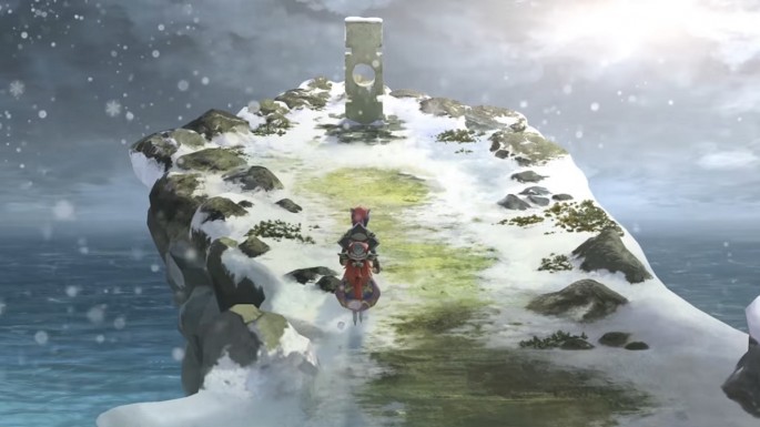 The hero of and Setsuna walks towards a shrine in 'I Am Setsuna.'