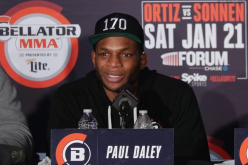 Daley speaking at a press conference for the Bellator 170 event to promote his out against Ward. 