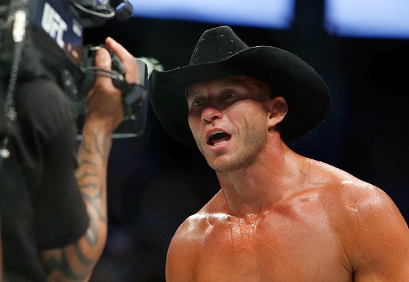 Donald Cerrone reacts after his second-round TKO win over Rick Story in their welterweight bout at the UFC 202 event at T-Mobile Arena on August 20, 2016 in Las Vegas, Nevada. 