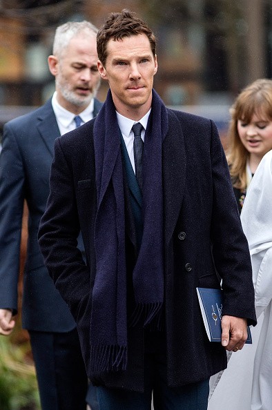British actor Benedict Cumberbatch arrives at Leicester Cathedral for the reinterment ceremony of King Richard III, on March 26, 2015 in Leicester, England.