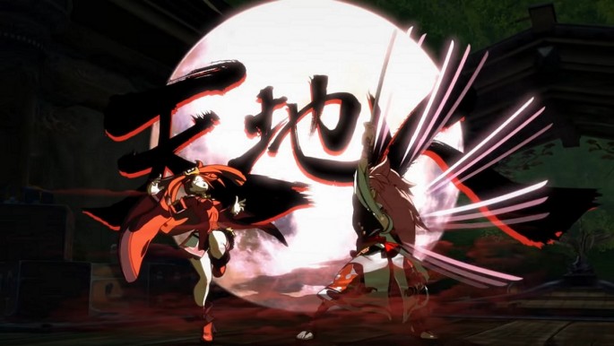 Baiken (R) prepares to take down a defeated Jam Kurodoberi (L) in 'Guilty Gear Xrd Rev 2.'