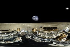 Panorama from the Chang'e 3 lunar exploration mission by the China National Space Administration incorporating a robotic lander and China's first lunar rover on the moon.