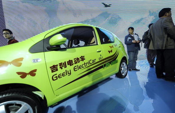 A Chinese-made Geely electric car is on display at the Beijing Auto Show near the capital's airport on April 26, 2010.
