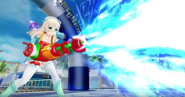 A "Senran Kagura" character fires her water chain gun at full burst against her opponents.