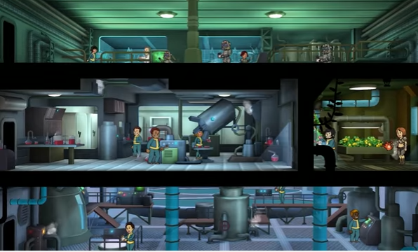 The underground community inside a Vault as depicted in the game "Fallout Shelter."